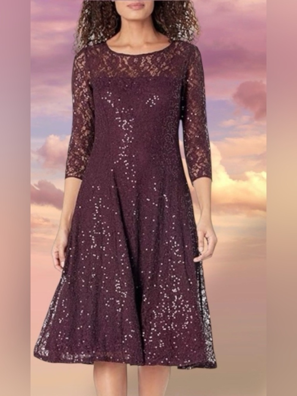 S.L. Fashions Women's Tea Length Three Quarter Sleeve Sequin Lace Dress Size 12